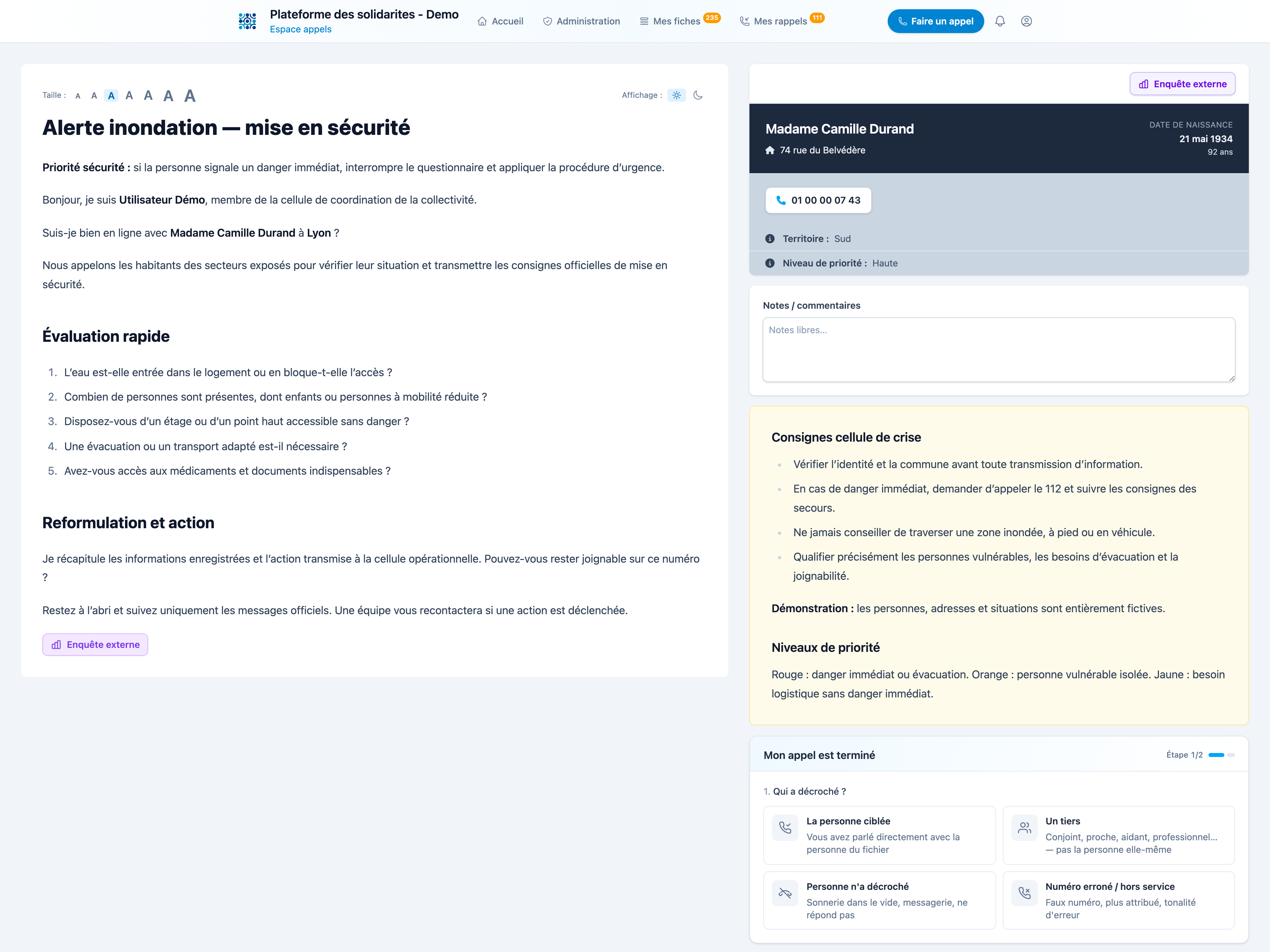 Page d’appel avec script, coordonnées et qualification du contact